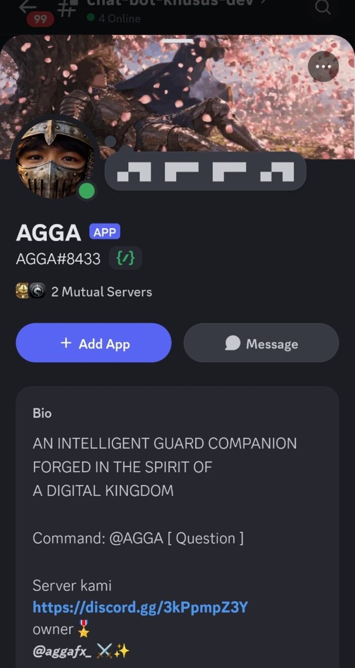 Profil bot Discord AGGA dengan deskripsi dan daftar command