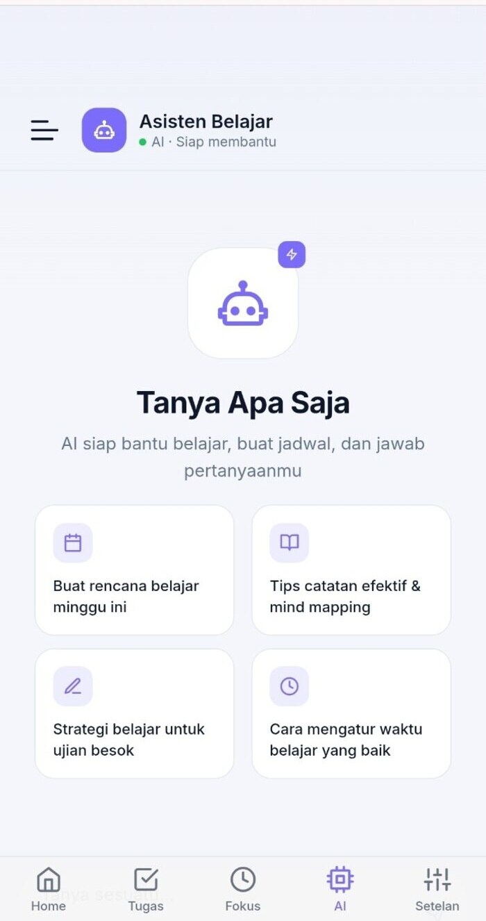 Layar Asisten Belajar Panceg dengan saran rencana belajar dan tips mencatat