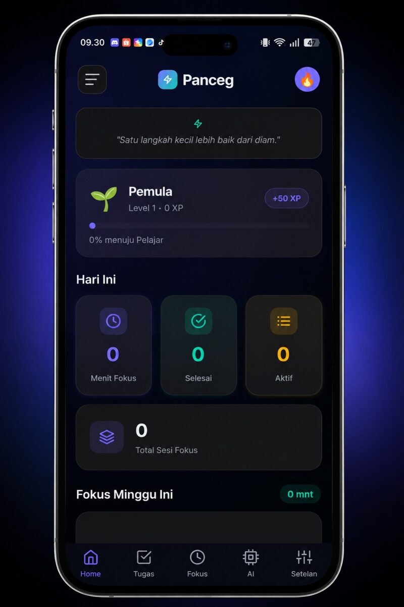 Beranda Panceg: level pengguna, XP, menit fokus, dan ringkasan aktivitas harian