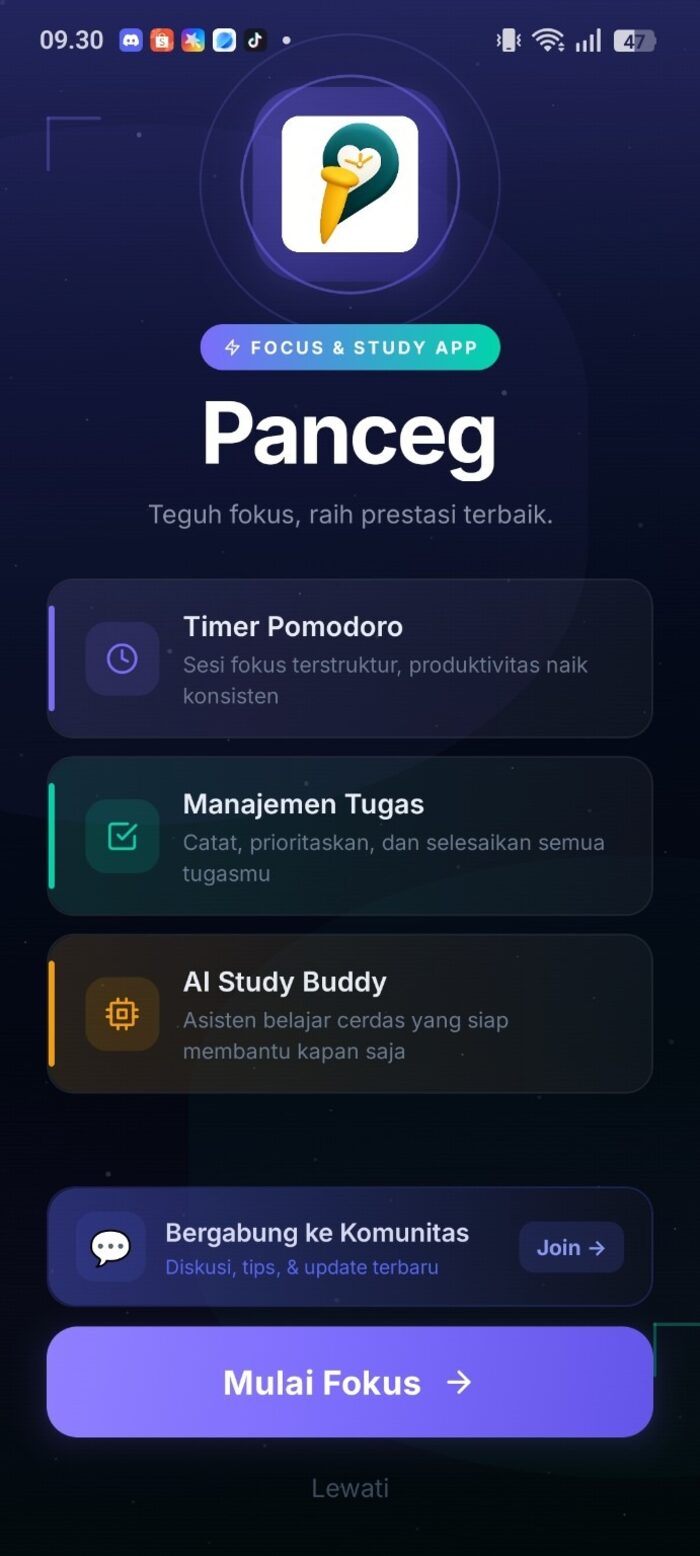Layar onboarding Panceg menampilkan fitur Pomodoro, manajemen tugas, dan AI Study Buddy