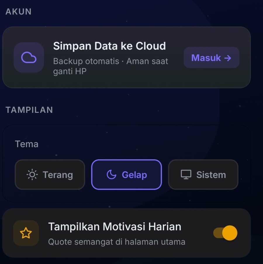 Pengaturan Panceg: simpan data ke cloud dan pilihan tema terang, gelap, atau sistem