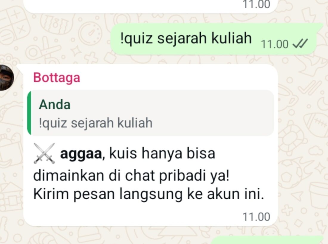 Percakapan WhatsApp saat bot mengarahkan sesi kuis ke chat pribadi